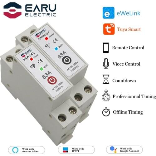 63A 1P 1P+N WiFi Smart Circuit Breaker Time Relay Switch Remote Control by Tuya Smart/ eWeLink for Alexa Google Home Assistant