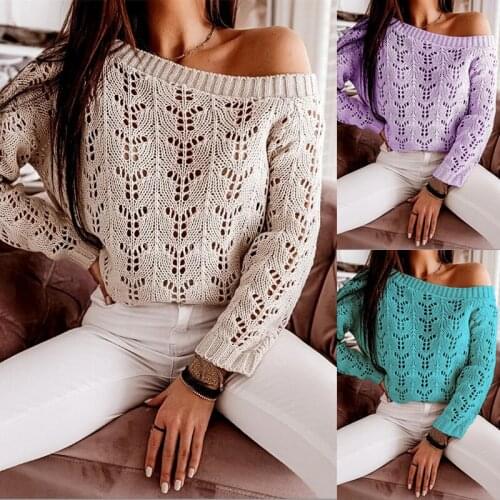 Sexy Ladies Sweater Strapless Hollow Pullover Pure Color Ins Wind Long-sleeved Plus Size Top Elegant Female Loose Autumn Clothes
