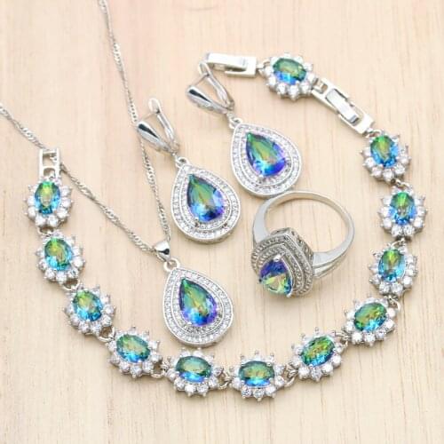 Bridal Silver Color Jewelry Sets for Women Wedding Water Drop Rainbow Blue Crystal Earrings Pendant Necklace Ring Bracelet Gift