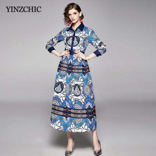 Baroque Printed Woman Long Dress Turn-down Collar Slim A-line Party Dress for Lady Vintage Dresses for Woman Auutmn Dress Woman
