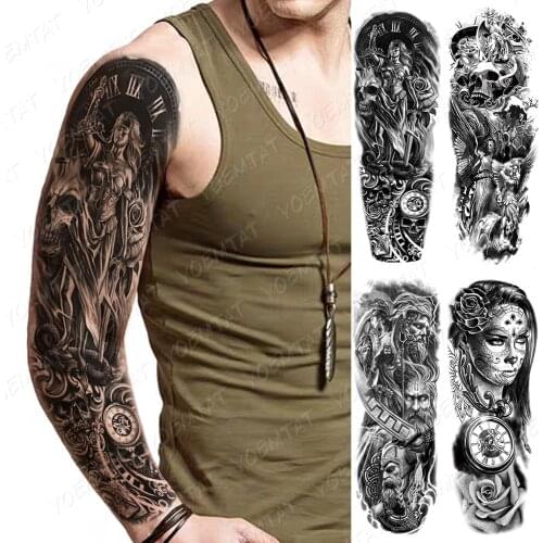Waterproof Temporary Full Arm Tattoo Sticker Greek Goddess Zeus Sea God Skull Flash Tattoos Man Body Art Fake Sleeve Tatto Women