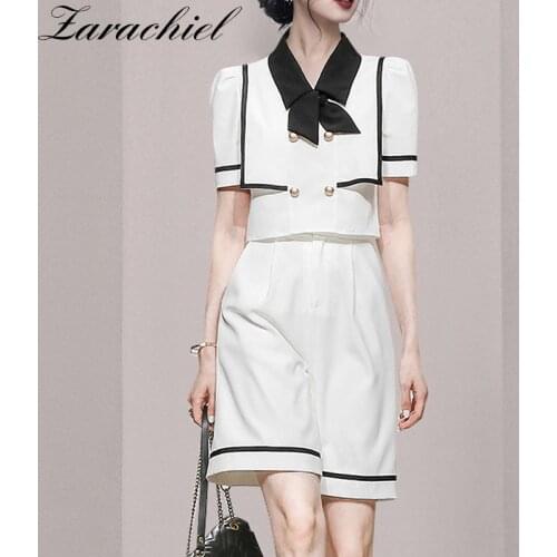 Navy Style Women 2 Pieces Set 2021 Summer Ladies Double-Breasted Suit Bow Collar Crop Top+Pocket High Waist Wide Leg Shorts Suit