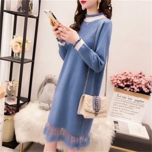 2020 Women Knitted Lace Patchwork Dress Autumn Winter Vintage O Neck Medium Length Sweater Pullover Bottoming Dress Korean Style