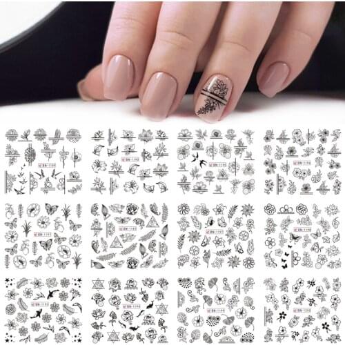 12pcs Mix Black Flower Nail Art Sticker Decals Hollow Floral Butterfly Water Transfer Slider Manicure Decoration SABN1189-1200