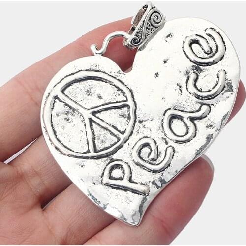 4PCS Large Hammered Heart Shape Carved"Peace" Word Charms Pendants for DIY Necklace Jewelry Findings