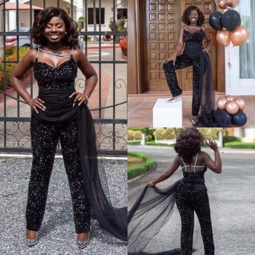 Black Sequin Jumpsuit Prom Dresses Spaghetti Strap Tulle Overskirt Evening Party Outfit Ankle Length Special Occassion Pants