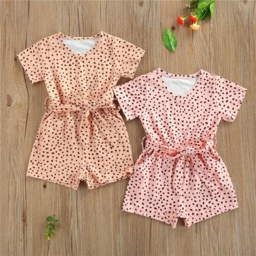 Summer Baby Clothing Kid Girls Belted Rompers Short Sleeve V Neck Heart Print Jumpsuit Shorts Rompers