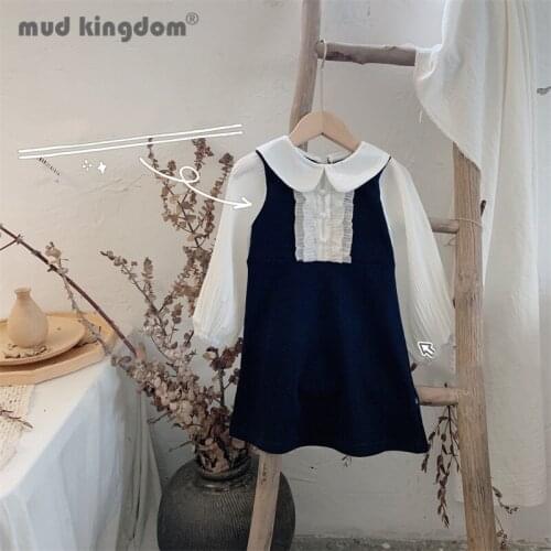 Mudkingdom Little Girl Dress Ruched Puff Sleeve Peter Pan Collar Patchwork Princess Dresses for Children Long Sleeve Clothing