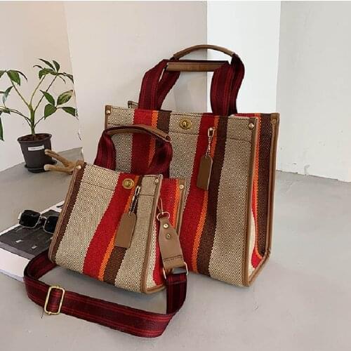 Fashion All-match Canvas Striped Shoulder Bag For Women Casual Large Capacity Tote Bag Girl Travel Handbag Lady Retro Waist Bags