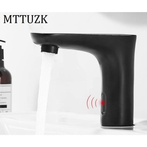 MTTUZK Deck Mounted Brass matte Black Automatic Sensor Faucet Bathroom Basin Touchless infrared Faucet Hot Cold Sensor Taps