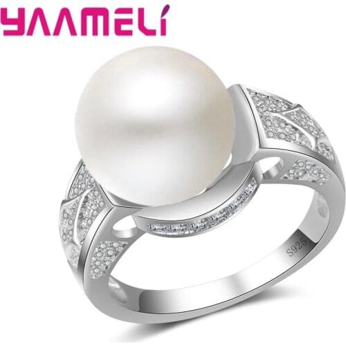 Brilliant New Arrival 925 Sterling Silver Finger Rings For Women Female A Big Round White Pearl Crystal Jewelry Present