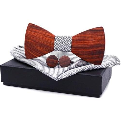 New Design High Quality Laser engraving Wooden Jacquard Ties for Men Popular Fashion Red sandalwood Bowtie Pocket square Set