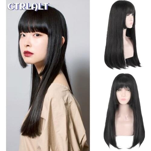 Natural Black Long Straight Hair Wig Synthetic Wig With Bangs Wig Hime Cut Suitable For Daily Wear By Women