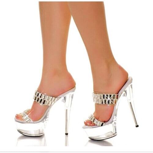 Sexy Crystal Straps Clear PVC High Heel Slipper Transparent Platform 15 cm Super Heels Ladies Lucency Bling Rhinestone Slides