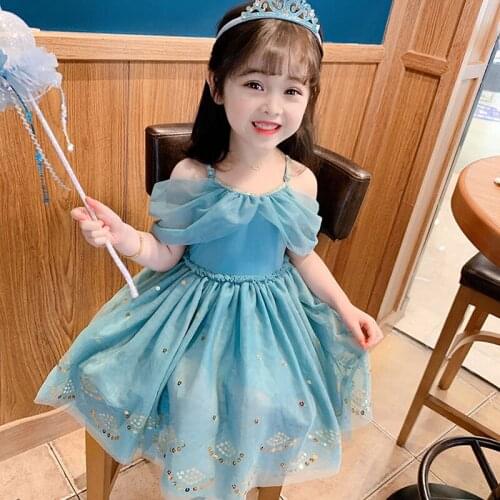 EACHIN Girls Dresses Fashion Off Shoulder Princess Dress Mesh Patchwork Puff Sleeve Cute Sweet Kids Wedding Birthday Party Dress