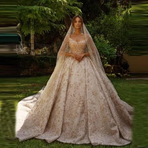 Luxury Champagne Wedding Dresses Long Sleeves Gold Sequin Appliques Ball Gown Bridal Wedding Gowns Plus Size 2021