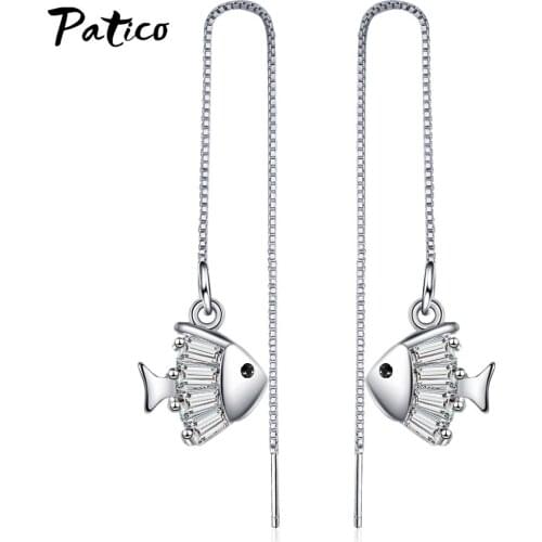 High-sense 925 Sterling Silver Fashion Temperament Pave Zircon Fish Ear Line Drop Earring For Women Girls Fine Jewelry