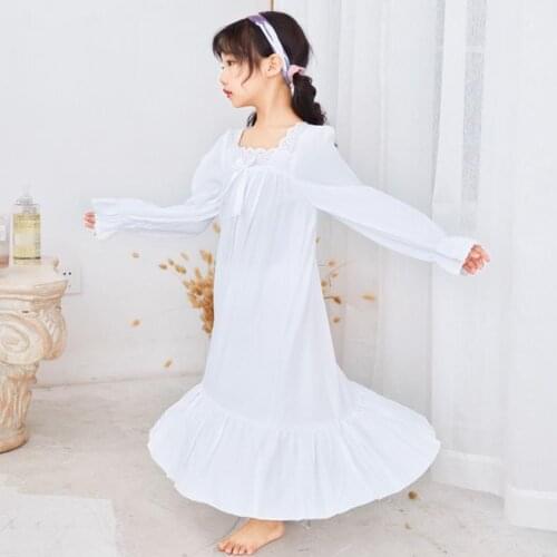 Family Matching Outfits Princess Nightdress Cotton Sleepwear Palace Style Girl Long Sleeve Lace Home Service Dress Pijamas A419