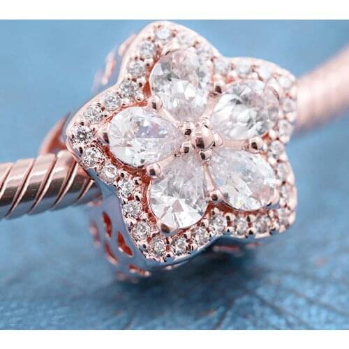 Original Rose Gold Sparkling Snowflake Daisy Flower With Crystal Beads Fit 925 Sterling Silver Charm Bracelet Bangle Diy Jewelry