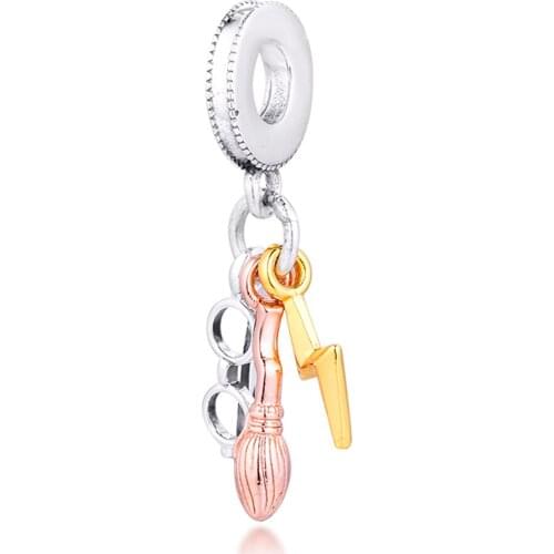 925 Sterling Silver Glasses Nimbus 2000 & Lightning Bolt Dangle Charm Fits Moments Bracelet New Harry Beads for Jewelry Making
