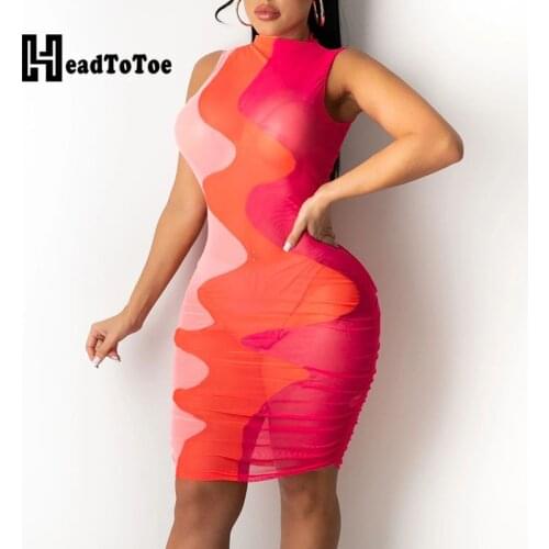 Colorblock Print Mesh Sexy Club Dresses for Women Sleeveless Round Neck Perspective Above Knee Slim Dress Women