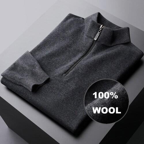 New 100% Wool Mens Sweaters Luxury Autumn Winter Turtleneck Zipper Thicken Sweater Male Fashion Slim Keep Warm Man Sweaters