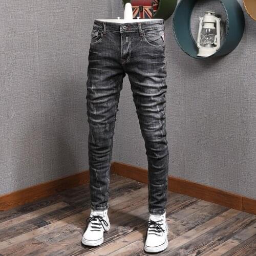 European American Vintage Fashion Men Jeans Retro Black Gray Elastic Slim Fit Ripped Jeans Men Distressed Designer Denim Pants