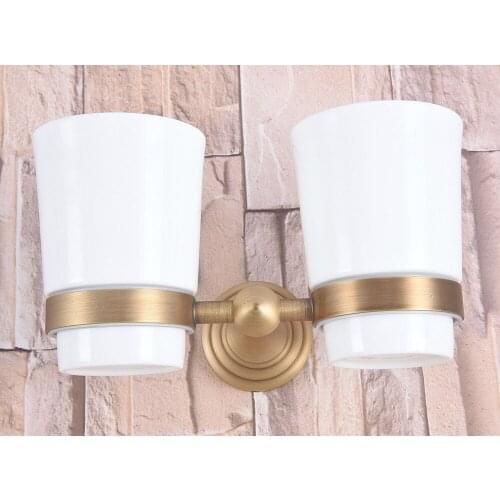 Vintage Retro Circle Pattern Wall Mounted Bathroom Accessories Antique Brass Toothbrush Holder with Double Ceramics Cup aba736