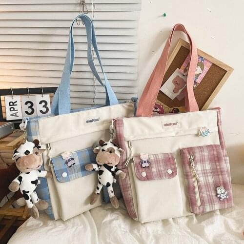 Japanese High School Student Handbag Plaid Print Tote Crossbody Bags Women Nylon Big Bag Shoulder Bag Book Bag Girls Satchels