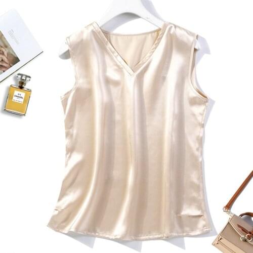 Womens 100% Mulberry Silk 16mm Satin Silk V Neck Solid Colors Sleeveless Vest T-Shirts Top JN633