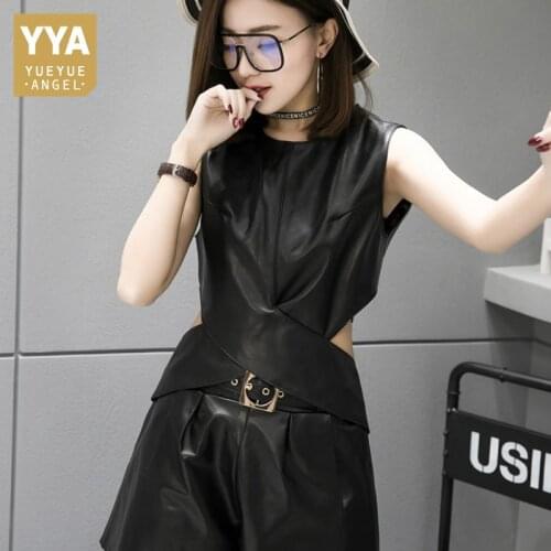 2020 New Sexy Hollow Out Womens Sheepskin Vest Fashion Ladies Casual Sleeveless Tops Genuine Leather Vest Cross Strap Waistcoat