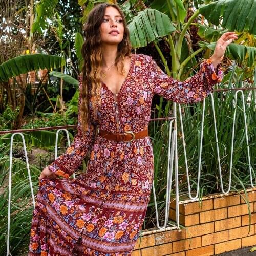 TEELYNN boho dress sexy deep v-Neck long sleeve 2019 red rayon floral print Dresses Gypsy long women dresses Maxi Dress vestido