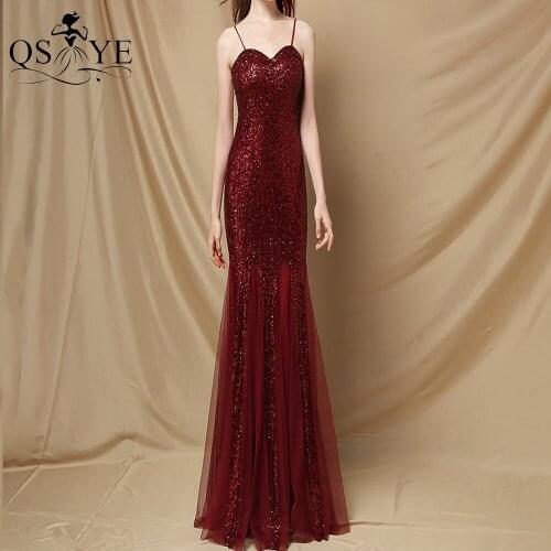 Burgundy Long Prom Dress Sequin Mermaid Evening Gown Sweetheart Ruched Formal Dress Shoulder Straps Women Sequined Tulle Gown