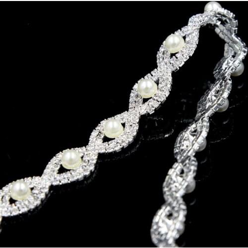 5Yards Pearls Crystal Rhinestones Trim Silver Gold Plated Sew on Appliques Chain for Prom Dress Belt Decoration