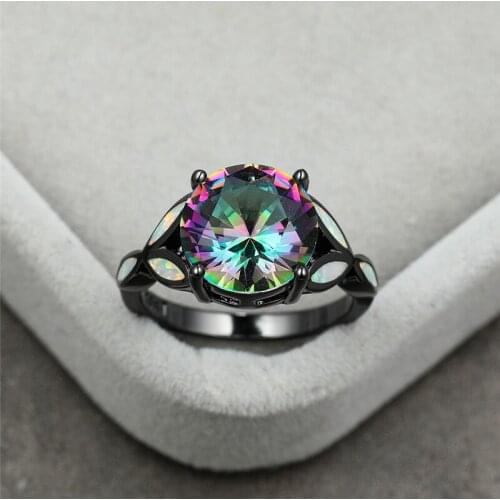 Big Round Rainbow Zircon Ring White Fire Opal Stone Ring Vintage Fashion Black Gold Engagement Rings For Women Wedding Jewelry