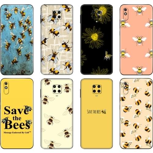 Black tpu Case For Xiaomi Redmi 7A 8 8A 9 9A 9C Case Redmi Note 8T 8 Pro T Note9 9S 9 Pro Case Bee Art Print cute cartoon floral