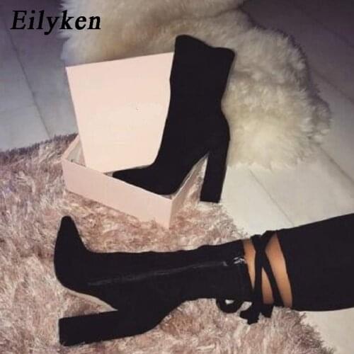 Eilyken 2021 New Flock Ankle Boots Women For Autumn Winter Fashion Pointed Toe heel Zipper Woman Chelsea Boots Plus size 35-42