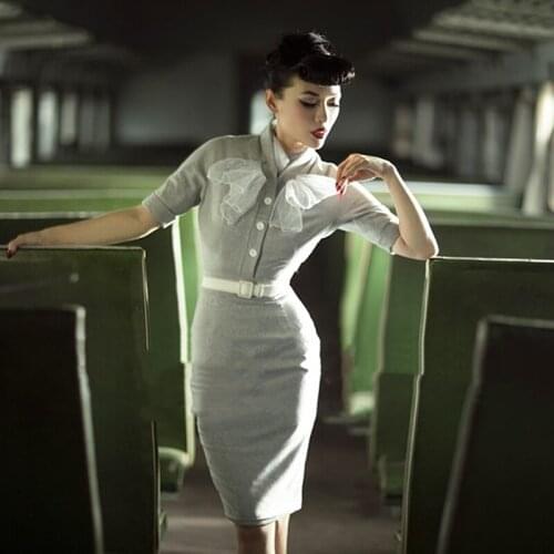 Europe and America Elegant Light Gray Vintage Slim White Buckle One-Piece Dress Half Sleeve Autumn Winter Women Collar Dress