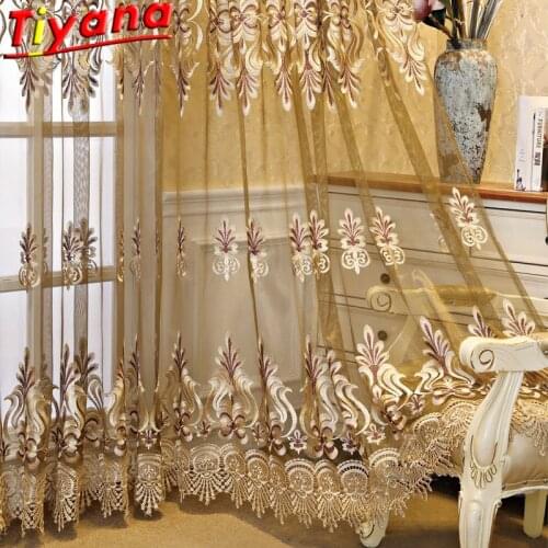 European Luxury Brown/Coffee Embroidery Tulle Curtains for Living Room Advanced Bottom Lace Yarn Bedroom X-HM671*VT