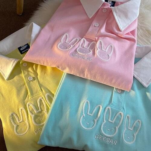 Super Chic Rabbit Embroidery Polo Shirts Women Short Sleeve Summer Tshirt 2021 Harajuku Kawaii Janpese Style Loose Teens Student
