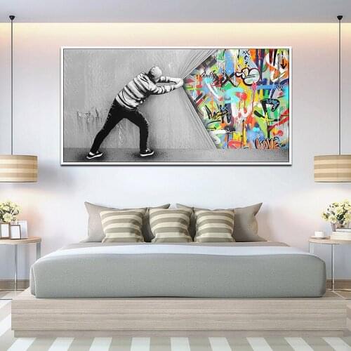 Graffiti Art Behind The Curtain Canvas Art Posters and Print Street Art Canvas Paintings on The Wall for Home Decor Pictures