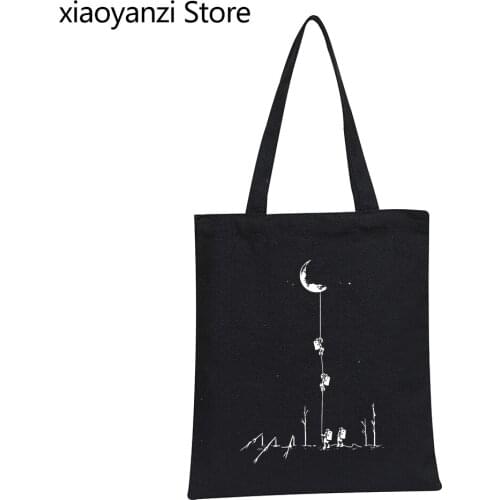2021 Europe Style Men Women Shoulder Canvas Bag Fashion Climb To The Moon Printed Handbag Casual Eco Reusable Shopping Bags