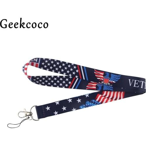 J1366 Veteran Military Patriotic American Flag Lanyard ID Badge Card Holder Keychain Mobile Phone Strap Gifts