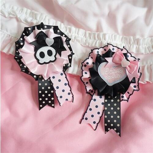 Kawaii Pink Black Lolita Cute Heart Skull Bow Badge Brooch Pins Ribbon Hairpin Gift D749