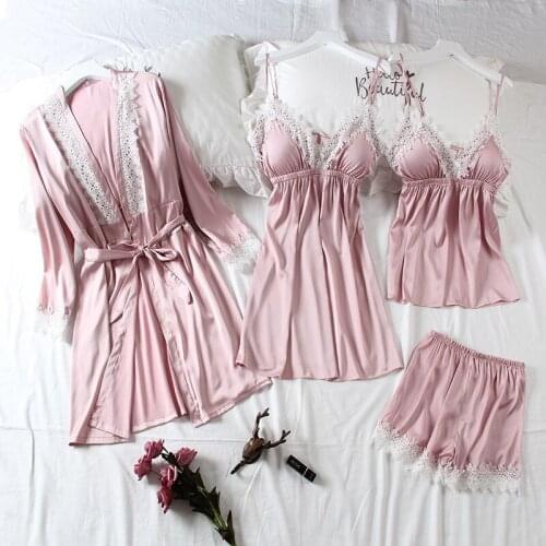 2020 tops 4 piece set ladies pajamas set silk pajamas pajamas spaghetti with sleeping lounge Pijama sleepwear suit clothing