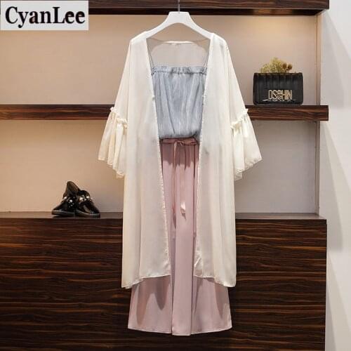 Cyanlee 2020 Summer Women Three Piece Set Casual Long Blouse Tops + Shorts Elastic Waist Wide Leg Pants 3 Pcs Lady Set Suits