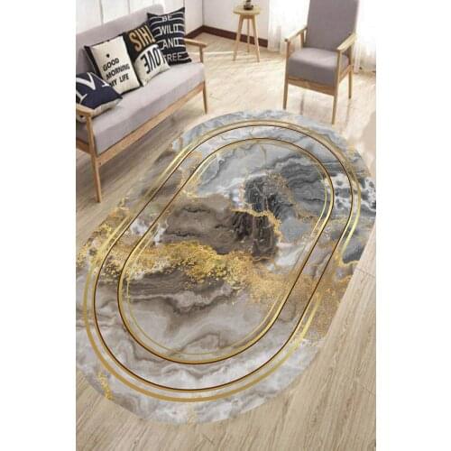 Ellipse Living Room Rug Marble Design Decorative Non-Slip Bottom Faux Leather Carpet Easy Clean Foal Feather Fabric Washable