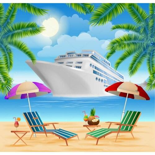 Cruise ship Exotic Island Palm Trees sea beach full moon background Computer print party photo backdrop