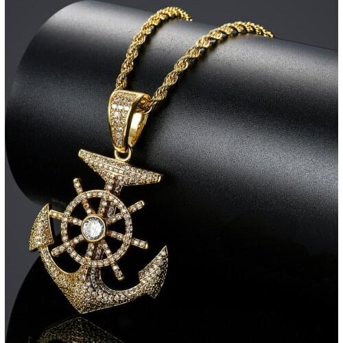 Fashion Gold Rhinestone Anchor Necklace Pendant Viking Pirate Necklace Hip Hop Gold Chain Iced Out Men Jewelry Accessories