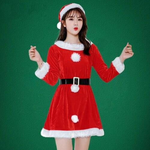 Fashion Adults Women Velvet Sexy Christmas Suit Costumes Female Women Santa Claus Cosplay Christmas Party Fancy Dress Hat Belt